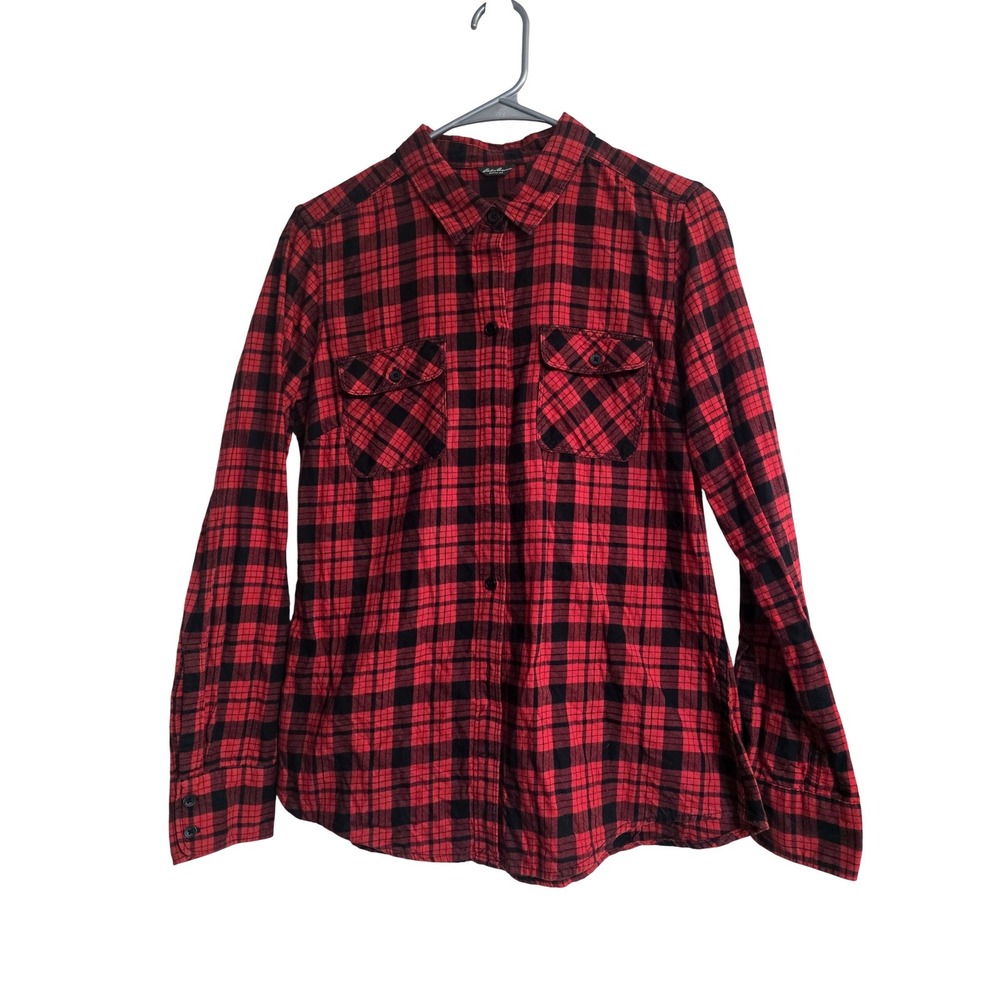 Eddie Bauer Womens Red Black Plaid Flannel Long Sleeve Button‎ Up Shirt Size M